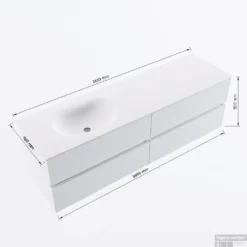 MONDIAZ VICA 160cm Badmeubel Onderkast Urban 4 Lades. Wastafel Moon Links Zonder Kraangat, Kleur Talc Met Spiegel LED. -Baden Luxe Verkoop vicamoon160links4maattekening 12526264453077