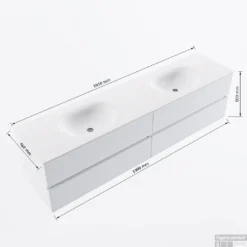 MONDIAZ VICA 190cm Badmeubel Onderkast Dark Brown Grey 4 Lades. Wastafel MOON Dubbel 2 Kraangaten, Kleur Talc. -Baden Luxe Verkoop vicamoon190dubbel4maattekening 12526264453391