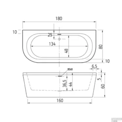 Half Vrijstaand Ligbad Xenz Charley 180x80x60 Cm Acryl Edelweiss Mat (met Overloop) -Baden Luxe Verkoop vrijstaand bad charley 180x80.jpg tech 1