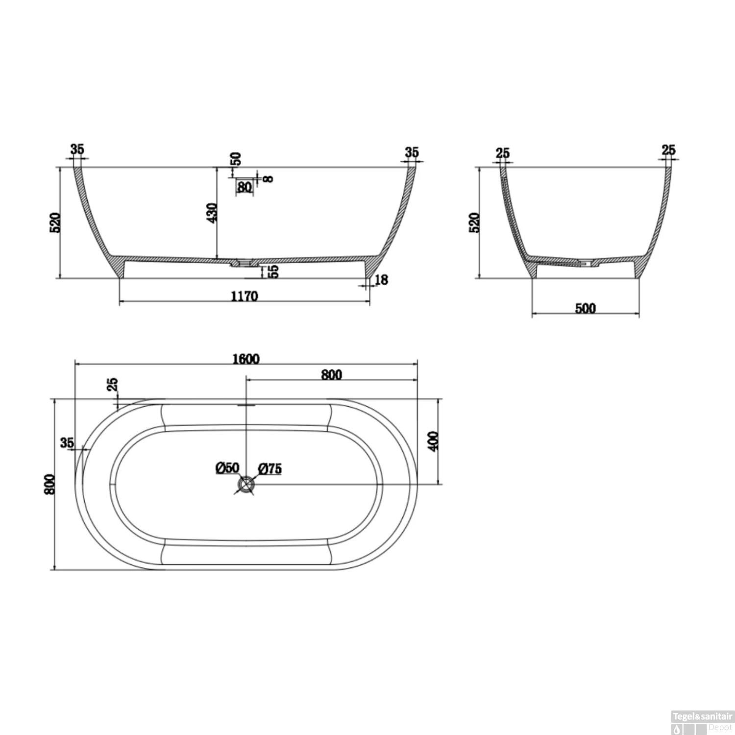 Vrijstaand Bad Luca Sanitair Vasca 160x80x54cm Solid Surface Mat Wit - Afbeelding 3