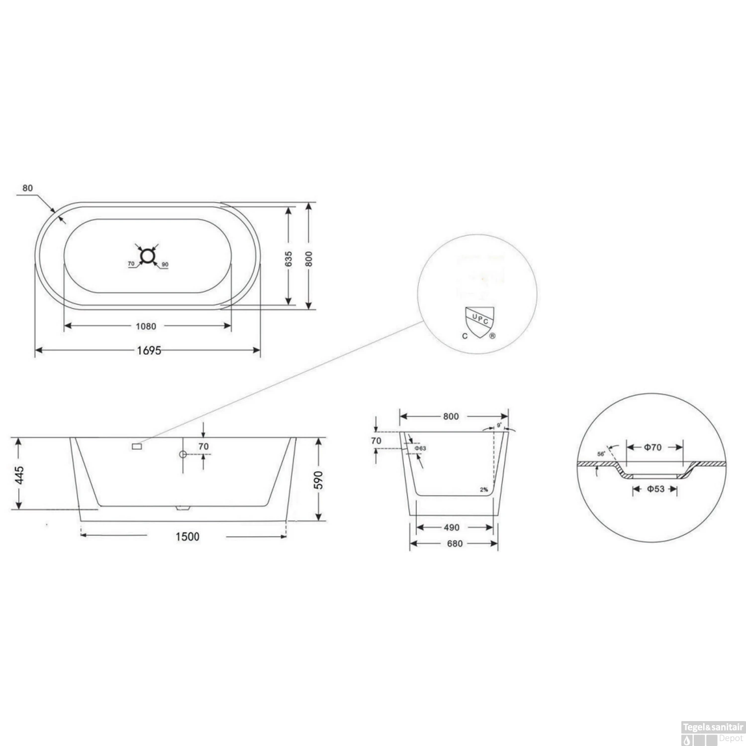 BWS Vrijstaand Ligbad | Rondo | 170x80x60cm | Acryl | Mat Wit 2 BWS Vrijstaand Ligbad | Rondo | 170x80x60cm | Acryl | Mat Wit - Afbeelding 2