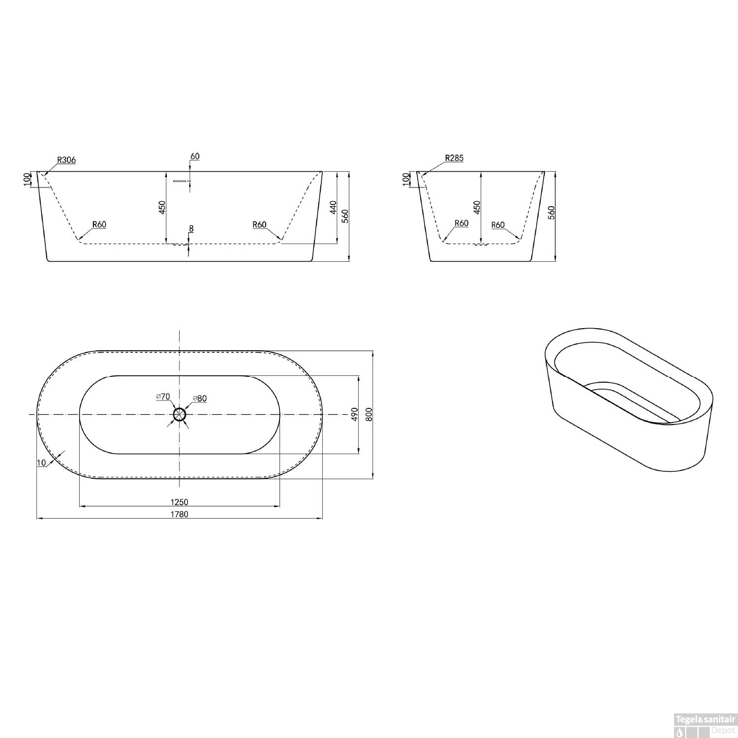 Vrijstaand Ligbad Luca Sanitair Primo Acryl 178x80x56 Cm Glans Wit (inclusief Afvoer En Sifon) - Afbeelding 4