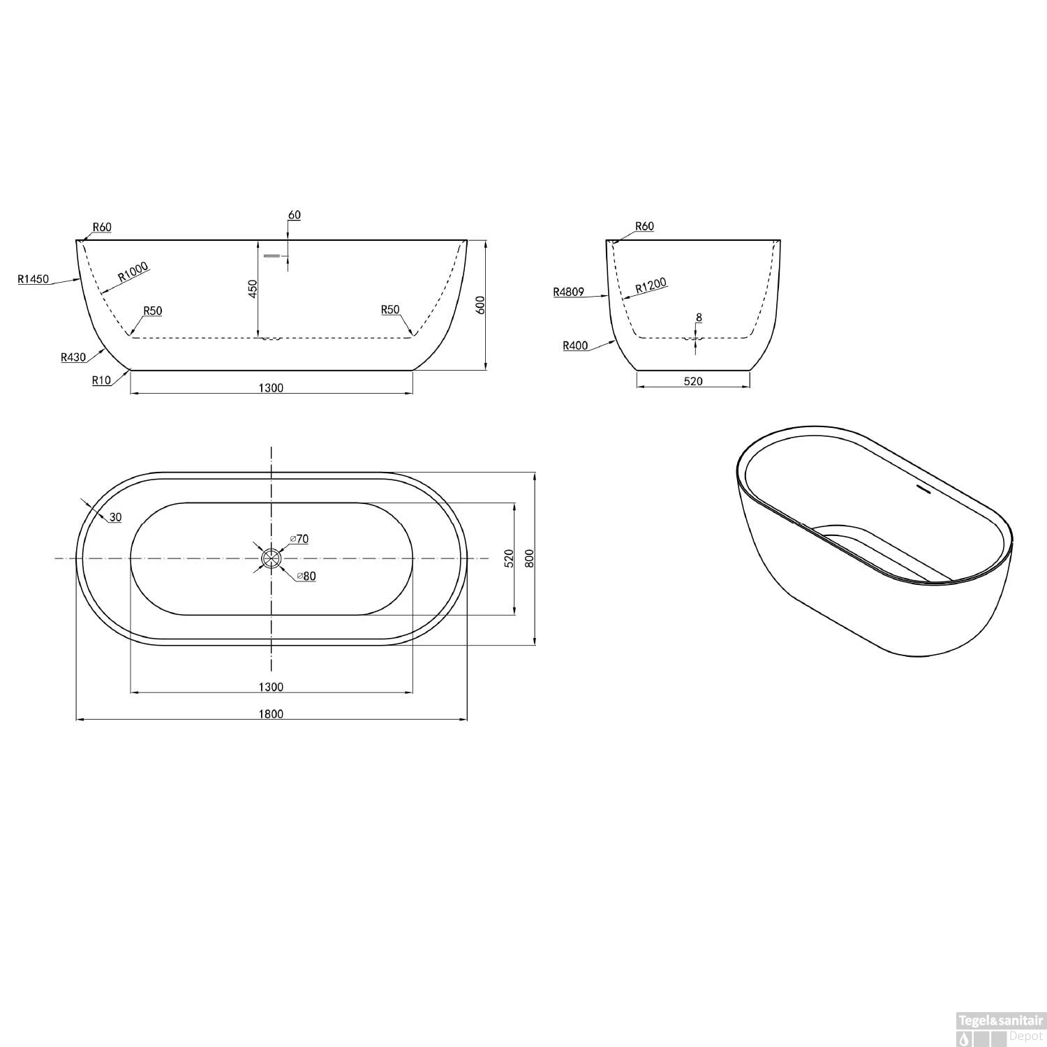 Vrijstaand Ligbad Luca Sanitair Primo Acryl 180x80x60 Cm Mat Wit (inclusief Afvoer En Sifon) - Afbeelding 4
