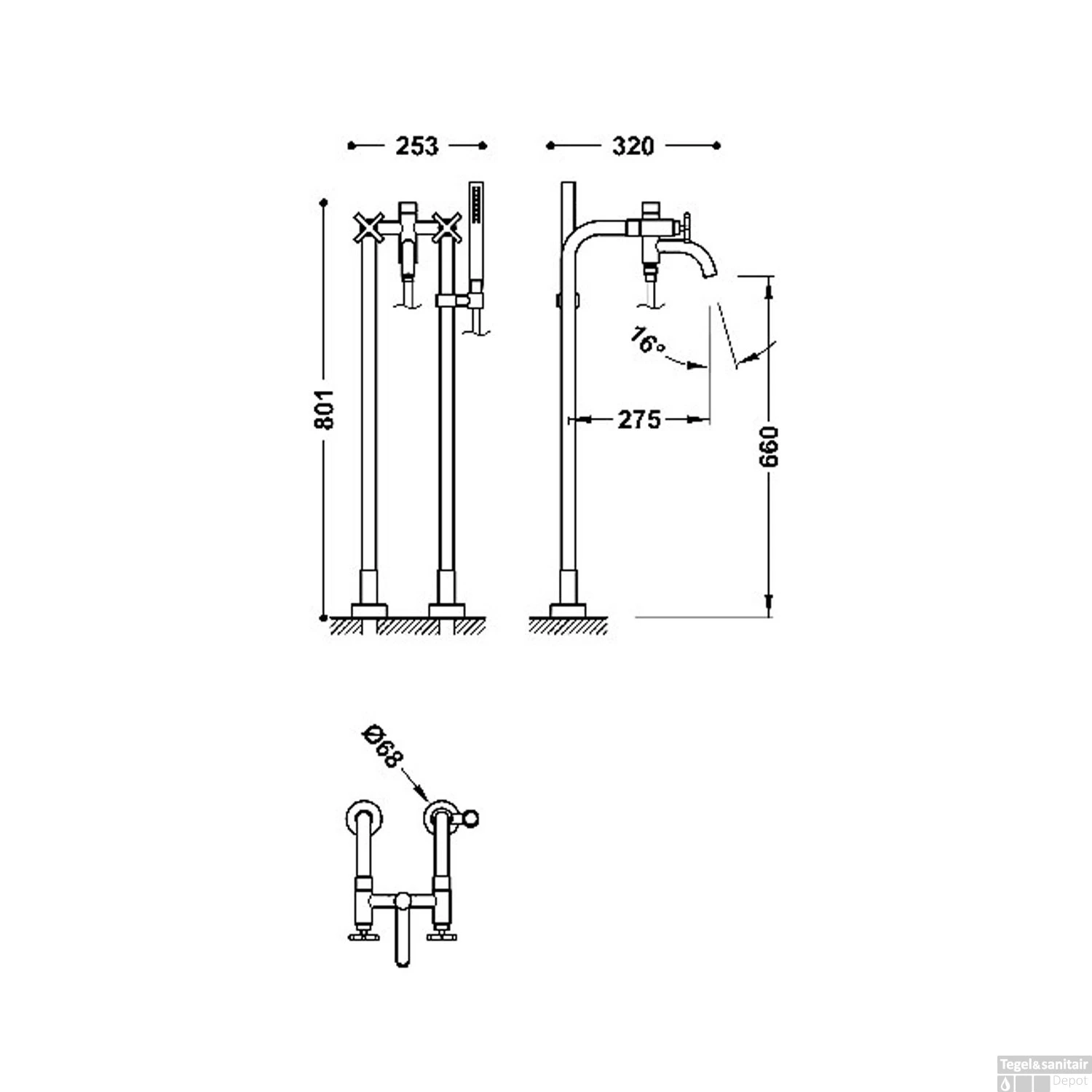 Vrijstaande Badmengkraan Tres Mont Blanc 2-Kruisgreep Met Staafhanddouche Mat Zwart 2 Vrijstaande Badmengkraan Tres Mont Blanc 2-Kruisgreep Met Staafhanddouche Mat Zwart - Afbeelding 2