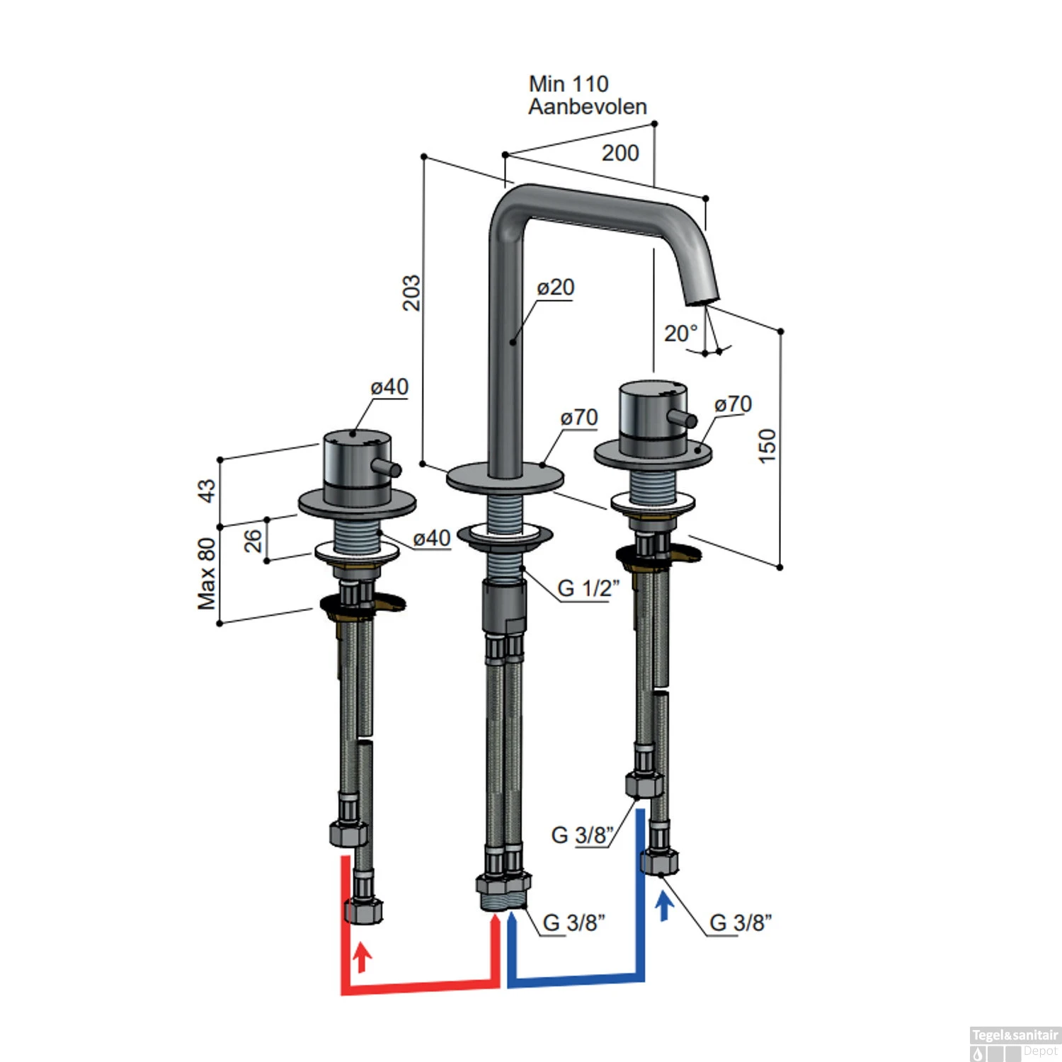 Wastafelmengkraan Hotbath Archie 3 Gats Zonder Waste Geborsteld Gunmetal PVD 2 Wastafelmengkraan Hotbath Archie 3 Gats Zonder Waste Geborsteld Gunmetal PVD - Afbeelding 2