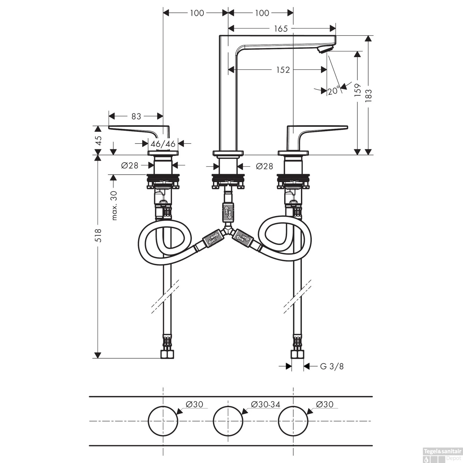 Wastafelmengkraan Metropol HansGrohe 3-Gats 160 Met Rechte Greep En Push-Open Afvoer Chroom - Afbeelding 3