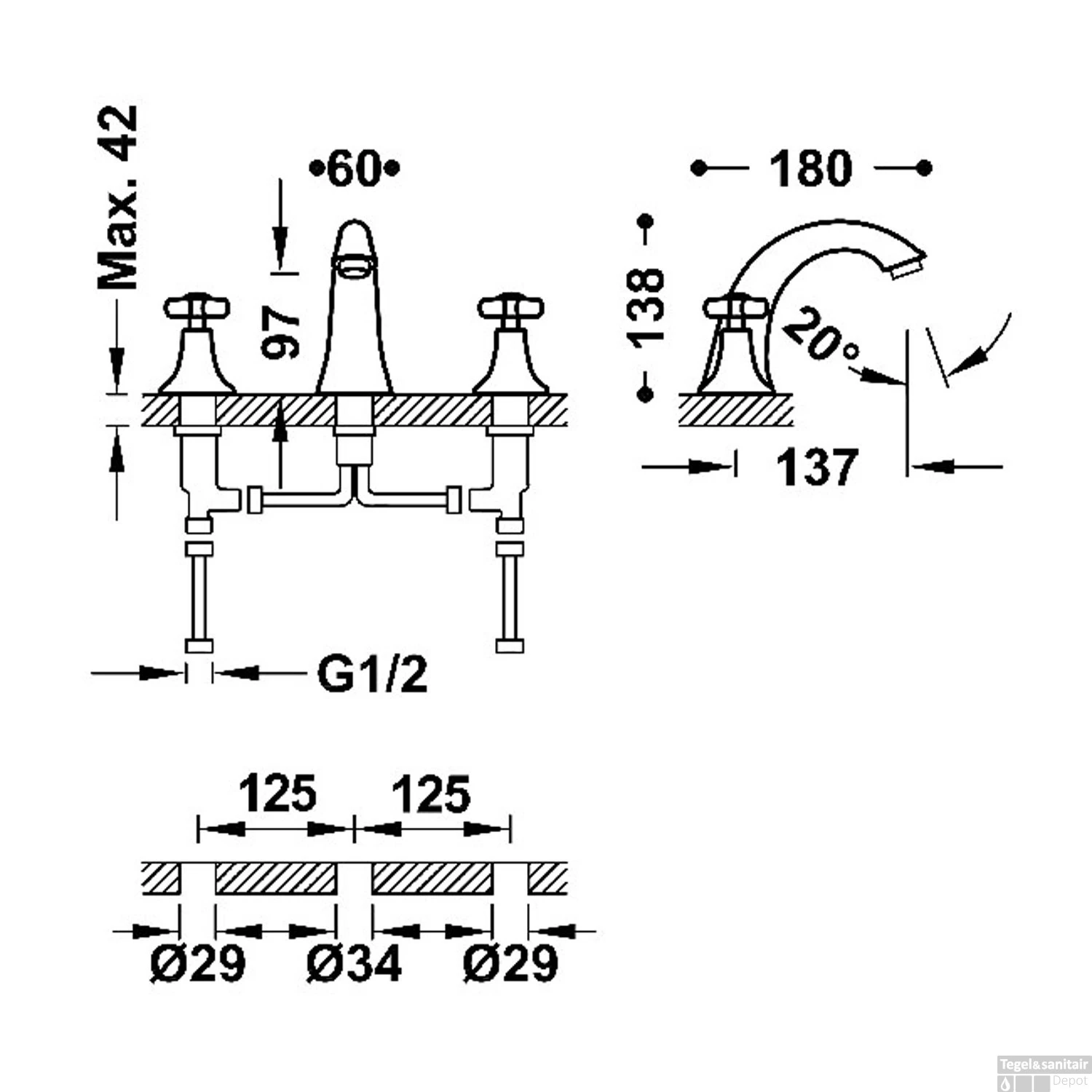Wastafelmengkraan Tres Clasic Gebogen 2 Grepen Verouderd Messing Mat 2 Wastafelmengkraan Tres Clasic Gebogen 2 Grepen Verouderd Messing Mat - Afbeelding 2