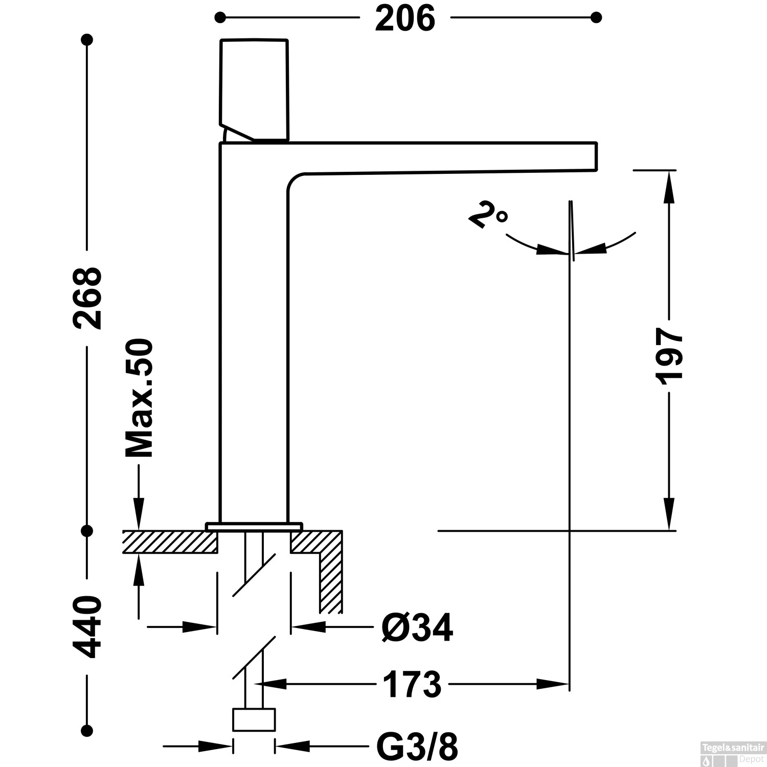 Wastafelmengkraan Tres Project 1-Knop Uitloop Recht 19.7 Cm Rond RVS 2 Wastafelmengkraan Tres Project 1-Knop Uitloop Recht 19.7 Cm Rond RVS - Afbeelding 2