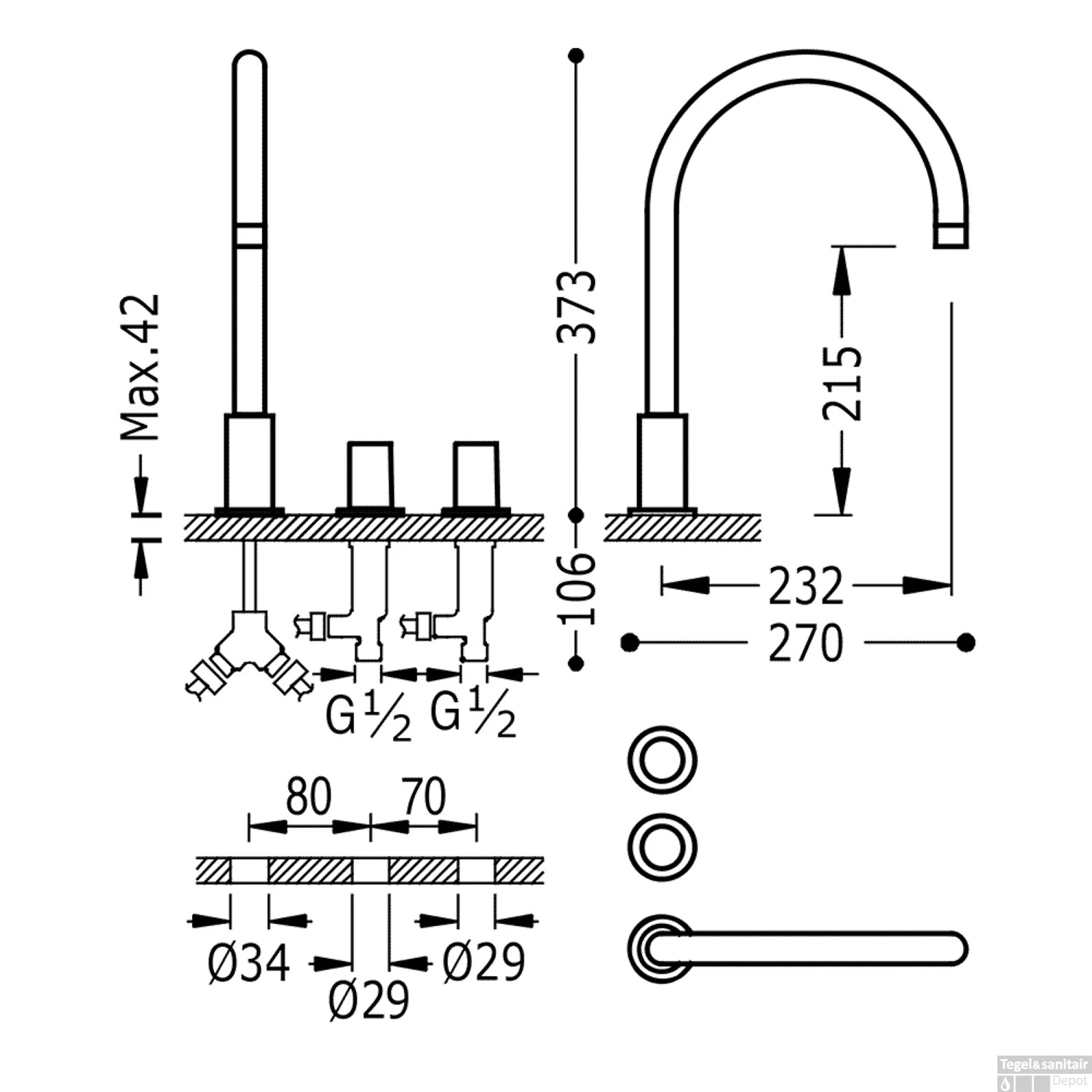 Wastafelmengkraan Tres Study Exclusive 3-Gats Kraan Links Met Draaiknoppen Uitloop Gebogen 21,5 Cm Rond Mat Zwart - Afbeelding 2