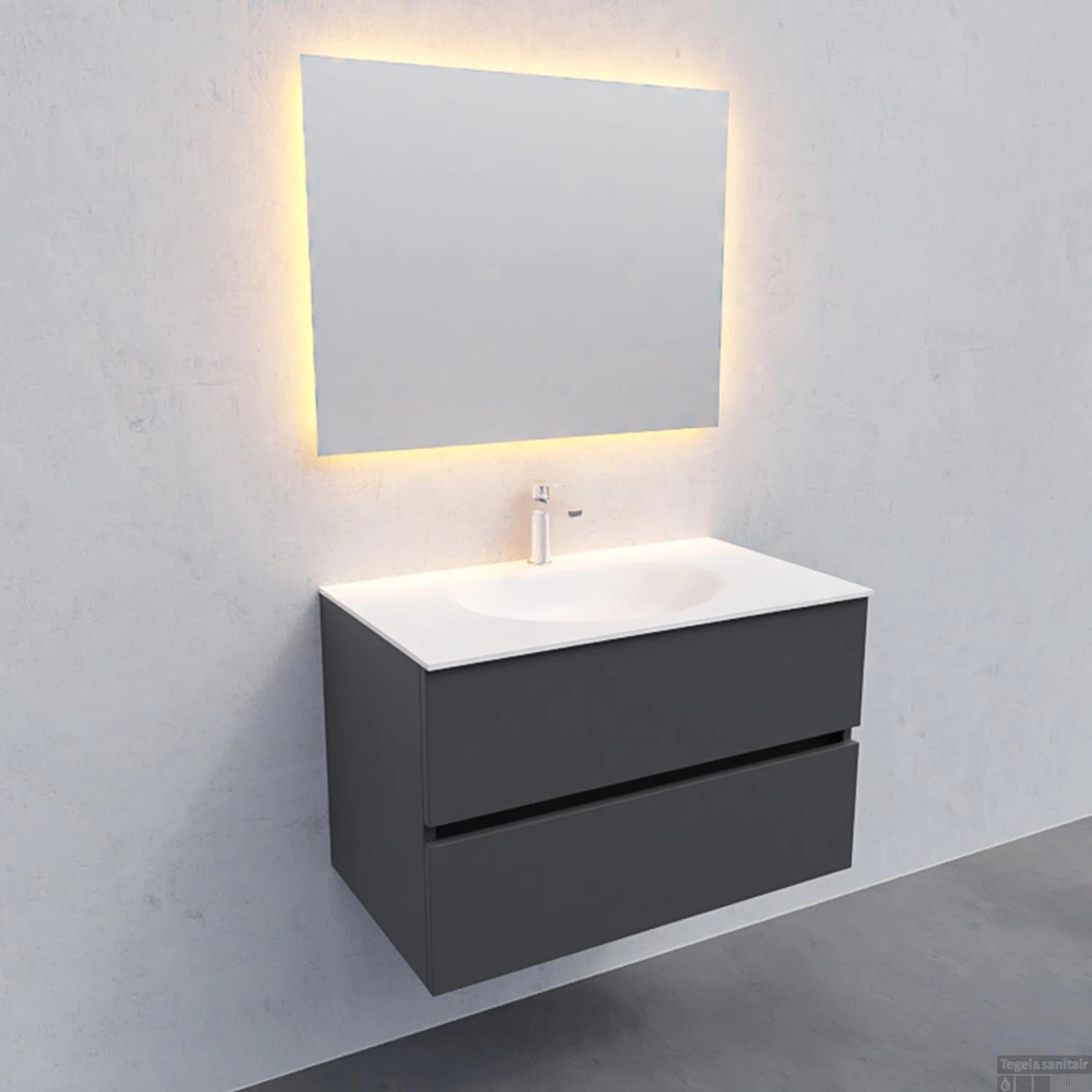 Badkamermeubel Solid Surface BWS Stockholm 80x46 Cm Mat Antraciet (met 1 Kraangat) 3 Badkamermeubel Solid Surface BWS Stockholm 80x46 Cm Mat Antraciet (met 1 Kraangat) - Afbeelding 3