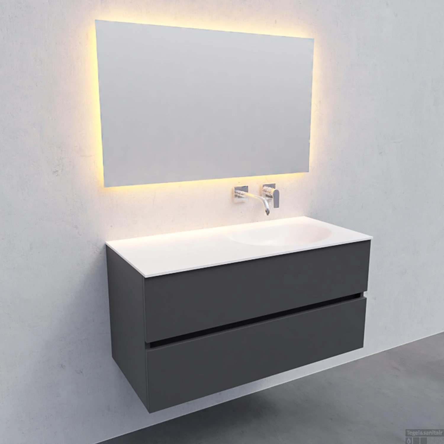 Badkamermeubel Solid Surface BWS Stockholm 100x46 Cm Rechts Mat Antraciet (zonder Kraangat) 3 Badkamermeubel Solid Surface BWS Stockholm 100x46 Cm Rechts Mat Antraciet (zonder Kraangat) - Afbeelding 3