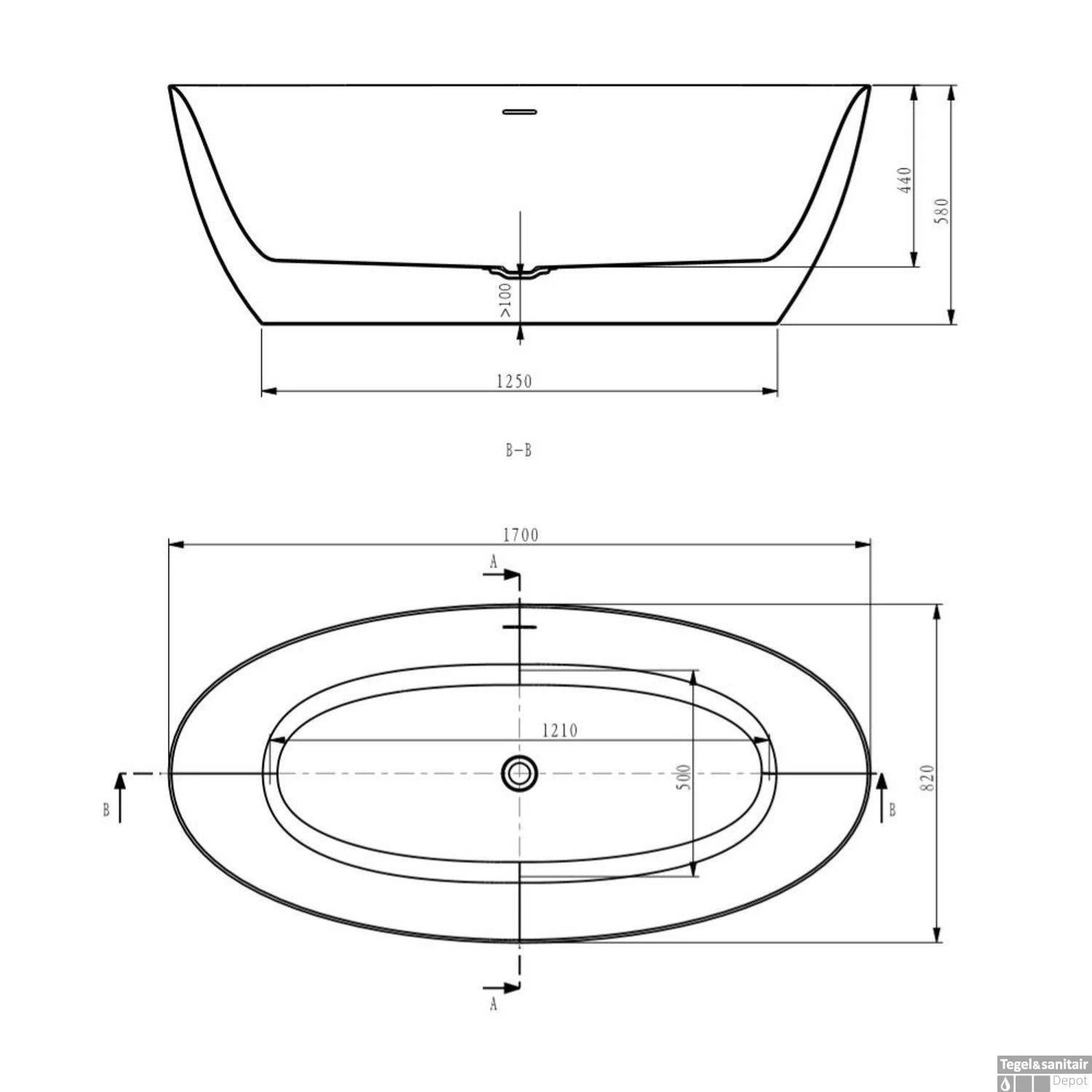 Vrijstaande Whirlpool BWS Second 170x82x58 Cm Luchtsysteem Glans Wit (afvoer Optioneel) - Afbeelding 5